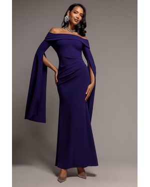 Goddiva Off Shoulder Bardot Maxi Dress With Split Cape Sleeves - Blue