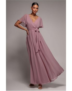 Goddiva Chiffon Flutter Sleeve Wrap Maxi Dress - Multicolor