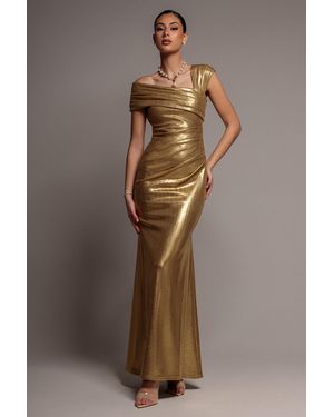 Goddiva One Shoulder Asymmetric Foil Scuba Maxi Dress - Brown