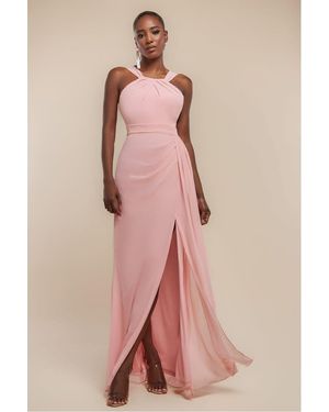 Goddiva Halterneck Thigh Split Chiffon Maxi Dress - Pink