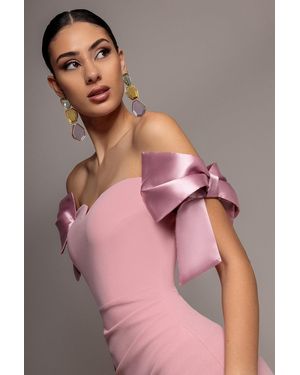 Goddiva Satin Bow Bardot Sheath Maxi Dress - Pink