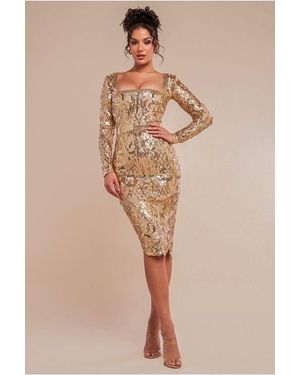 Goddiva Sequin Square Neck Bodycon Midi Dress With Scalloped Hem - Natural