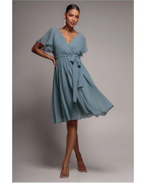 Goddiva Chiffon Flutter Sleeve Wrap Midi Dress - Blue