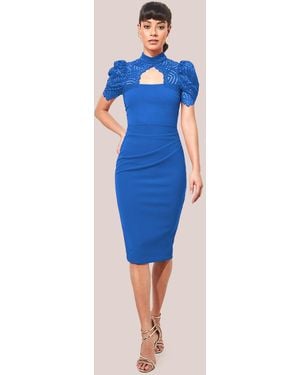City Goddess Open Back Puffed Lace Top Midi - Blue