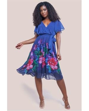 Goddiva Chiffon Floral Border Print Midi Dress - Blue