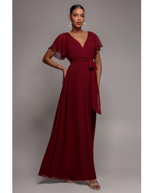 Goddiva Sustainable Chiffon Flutter Sleeve Wrap Maxi Dress - Red