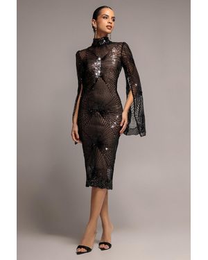 Goddiva Sequin Starburst Cape Sleeve Midi Dress - Black