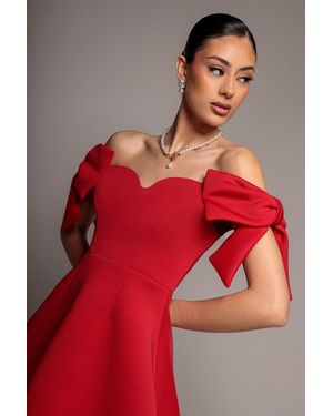 Goddiva Bardot Plunge Neck Bow Sleeve Skater Mini Dress - Red