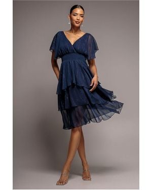 Goddiva Chiffon Layered Flutter Sleeve Midi Dress - Blue
