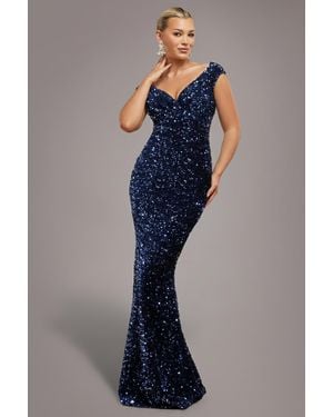 Goddiva Multi Sequin & Velvet Bardot Maxi Dress - Blue