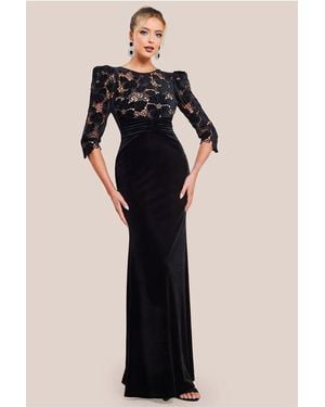Goddiva Scalloped Velvet Crochet Maxi Dress - Black