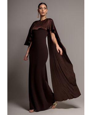 Goddiva Scoop Neck Velvet Satin Cape Sleeve Maxi Dress - Brown