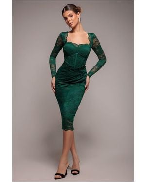Goddiva Scalloped Lace Corset Bodice Midi Dress - Green