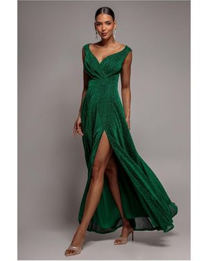 Goddiva Crossover Lurex Glitter Maxi Dress - Green