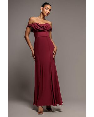 Goddiva Chiffon Bardot Cowl Neck Maxi Dress - Red