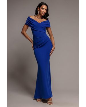 Goddiva Pleated Bardot Wrap Mermaid Maxi Dress - Blue