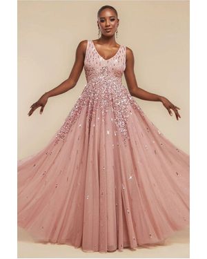 Goddiva Sunray Hand Embellished Sequin A-Line Sleeveless Maxi Dress - Pink