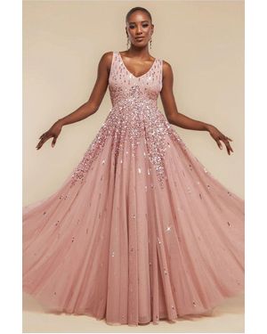 Goddiva Sunray Hand Embellished Sequin A-Line Sleeveless Maxi Dress - Pink