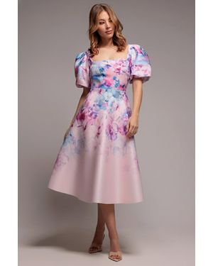 Goddiva Printed Scuba Square Neck Puff Sleeve Midi Dress - Pink