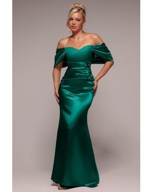 Goddiva Off Shoulder Satin Maxi With V Neck - Green