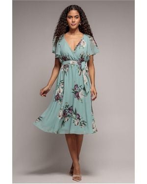 Goddiva Floral Flutter Sleeve Chiffon Midi Dress - Green