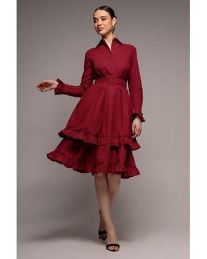 Goddiva Tiered Shirt Belted Long Sleeve Midi Dress