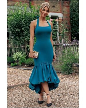 Goddiva Halter Neck Puff Hem Mermaid Midaxi Dress - Green