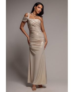 Goddiva One Shoulder Asymmetric Twist Foil Maxi Dress - Brown