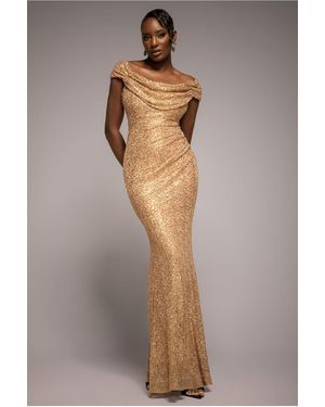 Goddiva Cap Sleeve Iridescent Sequin Cowl Maxi Dress - Brown