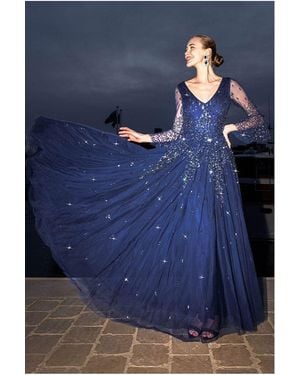 Goddiva Sunray Hand Embellished Sequin A-Line Bell Sleeve Maxi Dress - Blue
