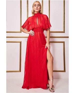 Goddiva Keyhole High Neck Flutter Sleeve Maxi - Red