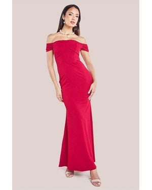 Goddiva Pleated Bardot Scuba Maxi Dress - Pink
