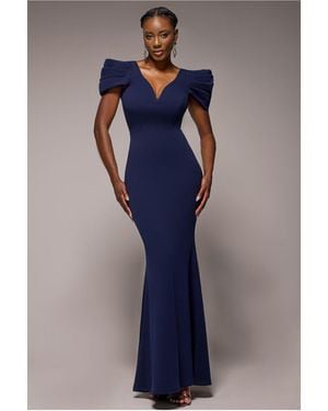 Goddiva Plunging Neck Pleated Sleeves Scuba Maxi Dress - Blue