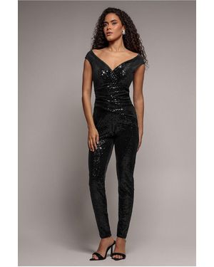 Goddiva Sequin Velvet Bardot Jumpsuit - Black