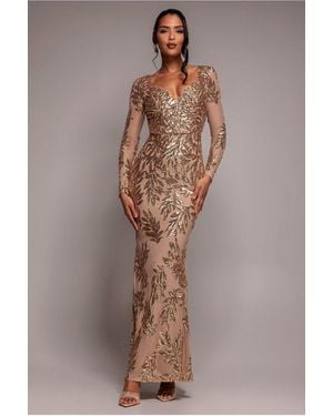 Goddiva Sequin Leaf Long Sleeve Maxi Dress - Natural