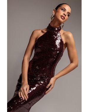 Goddiva Sequin Open Back Halter Neck Maxi Dress - Brown