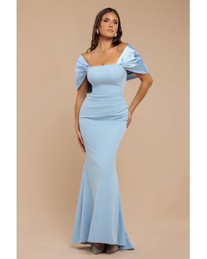Goddiva Off Shoulder Back Satin Bow Scuba Maxi Dress - Blue