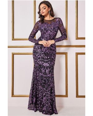 Goddiva Sequin Mesh Embroidered Maxi Dress - Purple