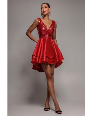 Goddiva Sequin And Satin Tiered Hi-Low Mini Skater Dress