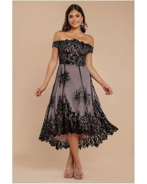 Goddiva Bardot Sequin & Lace High Low Midi - Natural