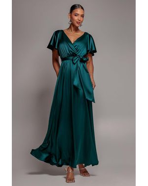 Goddiva Satin Flutter Sleeve Wrap Maxi Dress - Green