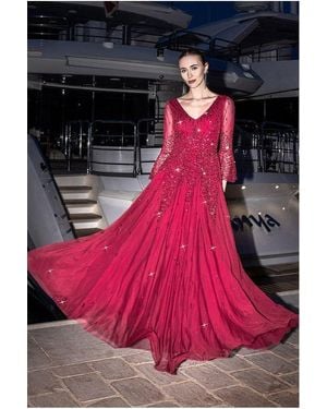 Goddiva Sunray Hand Embellished Sequin A-Line Bell Sleeve Maxi Dress - Red