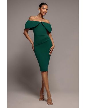 Goddiva Scuba Crepe Pleated Bardot Midi Dress - Green