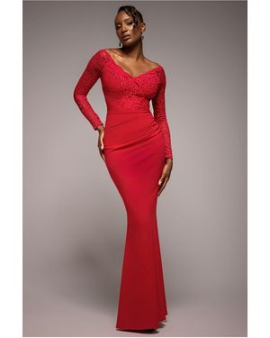 Goddiva Scalloped Lace Bodice Long Sleeve Bardot Maxi Dress - Red