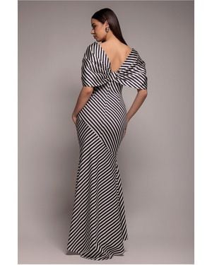 Goddiva Stripe Off Shoulder Bow Back Satin Bow Maxi Dress - Grey