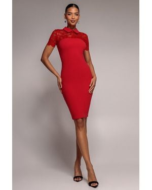 Goddiva Lace Detail Bodycon Collar Midi Dress - Red