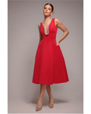 Goddiva Diamante Embellished Neck A-Line Midi Dress - Red