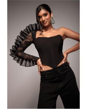 Goddiva One Shoulder Fan Pleat Frill Corset Top - Black