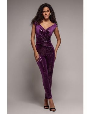Goddiva Sequin Velvet Bardot Jumpsuit - Purple