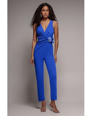Goddiva Buckle Plunge Bow Detail Jumpsuit - Blue